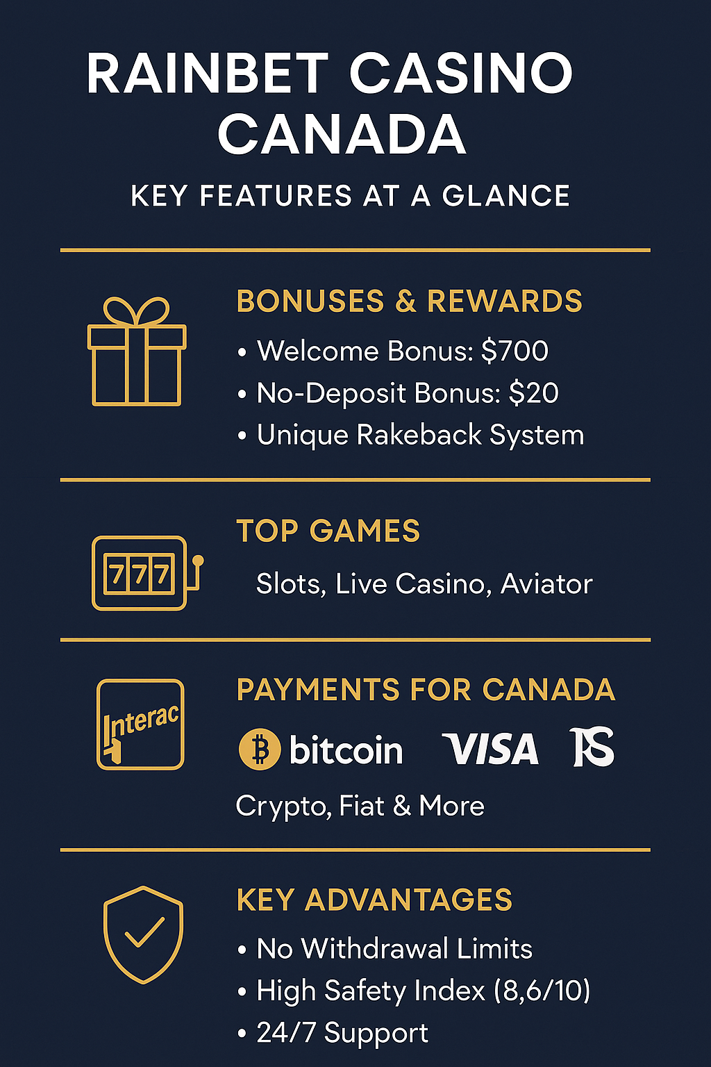 Infographic summarizing the key features of Rainbet Casino for Canadian players, including bonuses, payment methods such as Interac and Bitcoin, and main advantages.